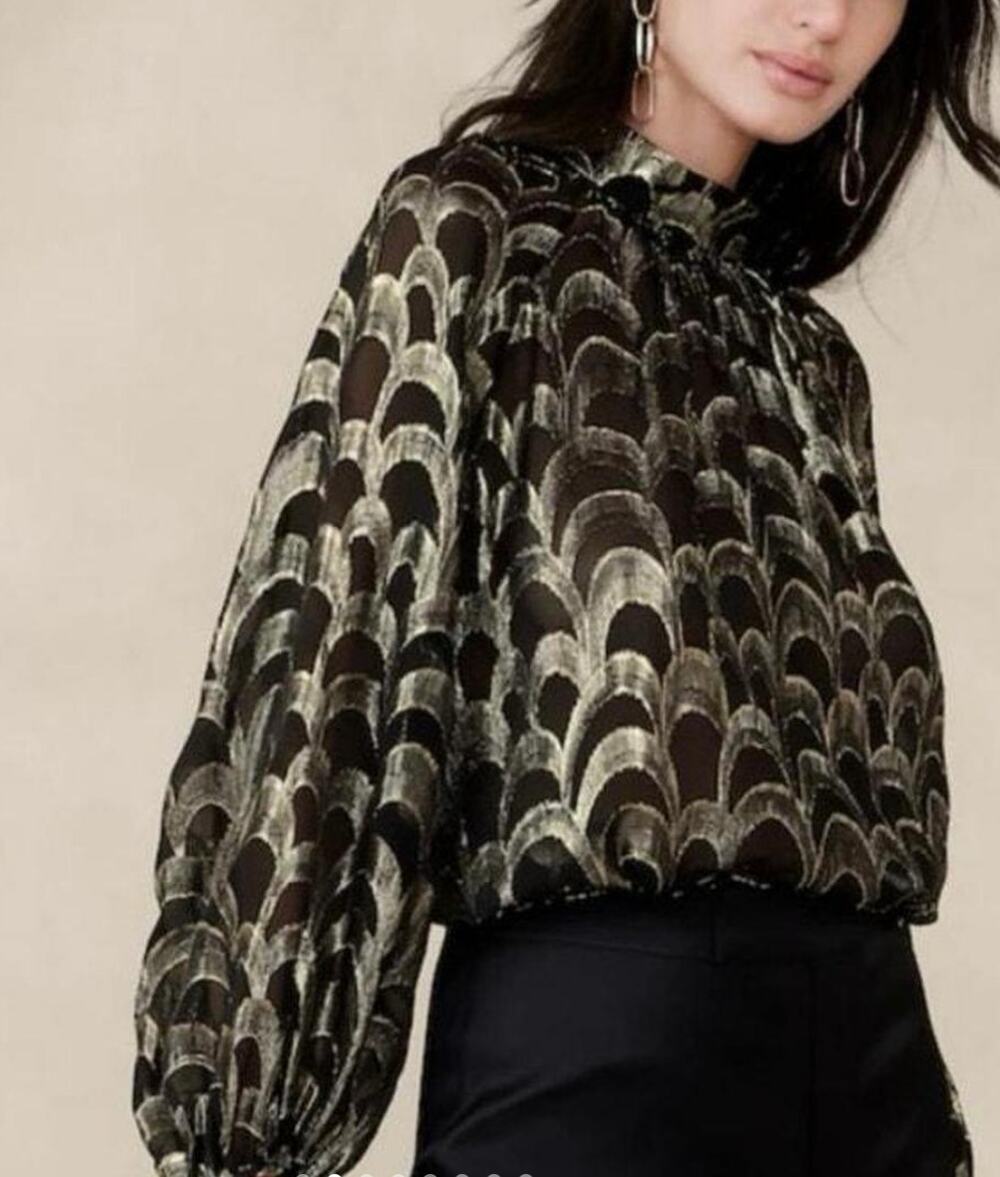 Banana Republic Mali Metallic Silk Jaquard Top Balloon Sleeves Black Gold Small